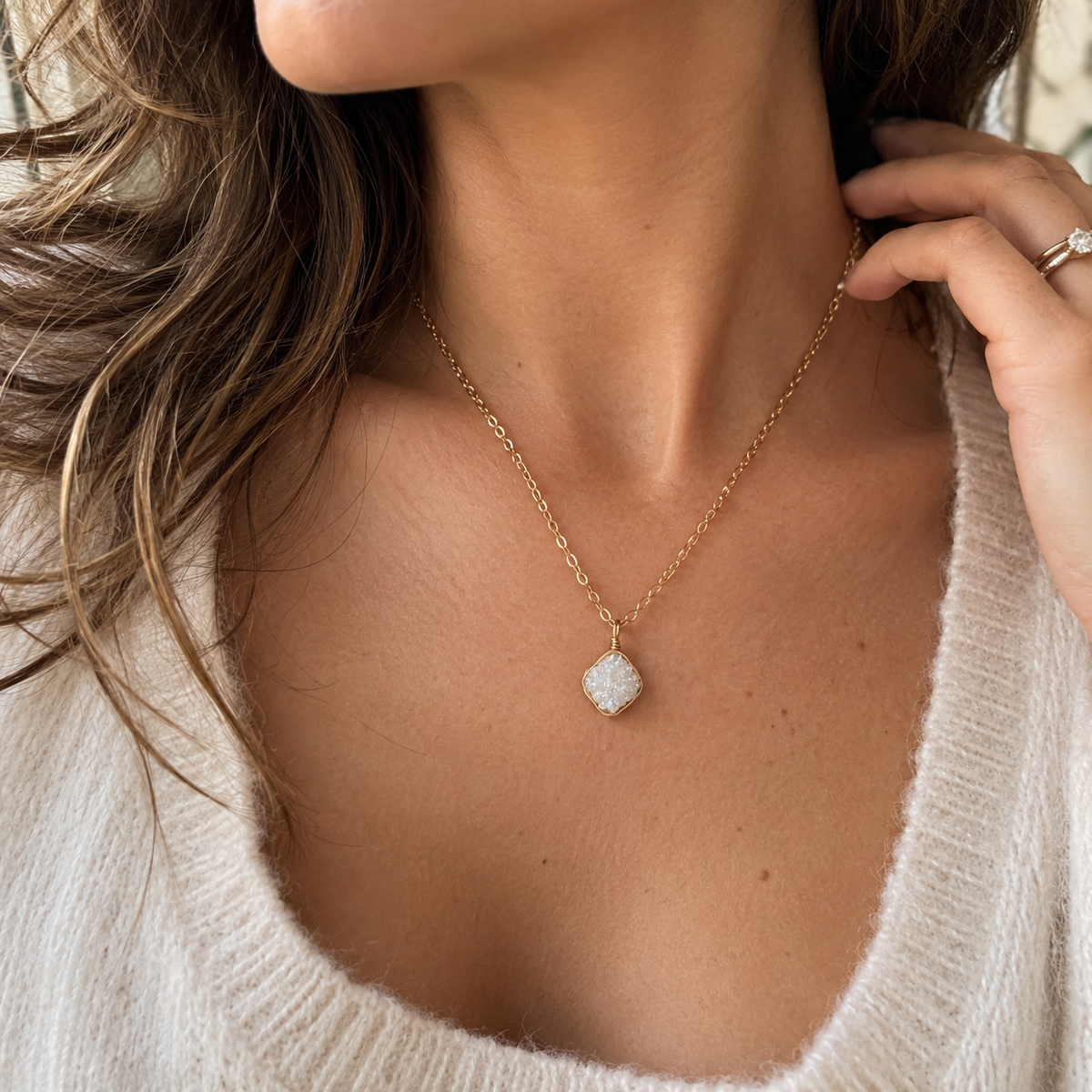 White Druzy Gemstone Necklace – Gold Filled – One of a Kind