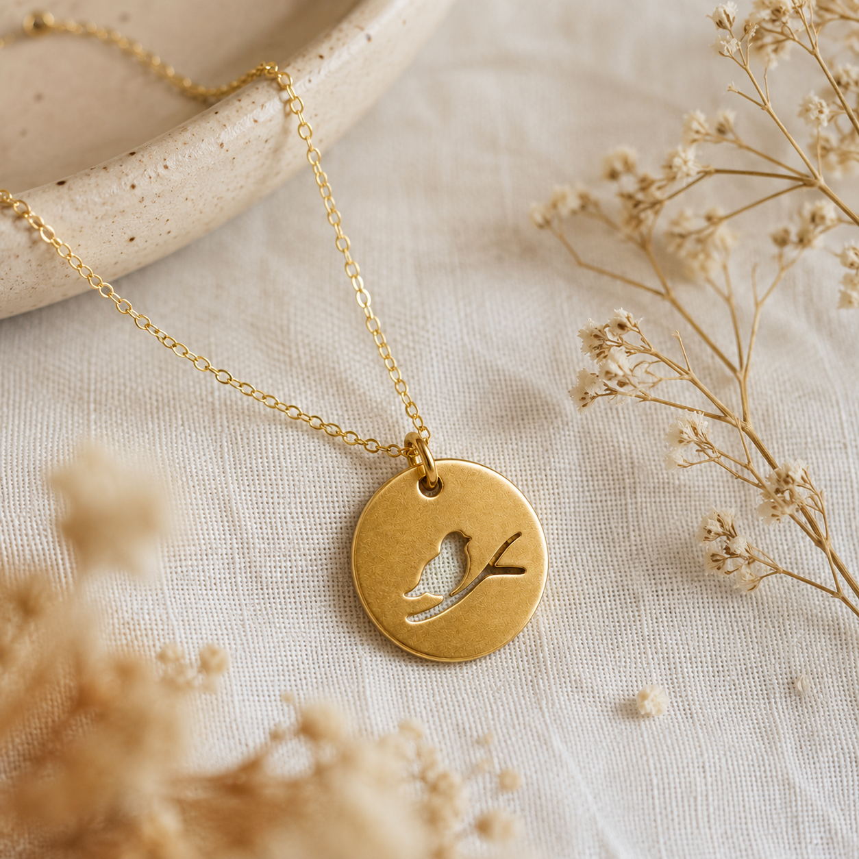 Bird on Branch Necklace – 14k Gold Filled Sparrow Cutout Necklace