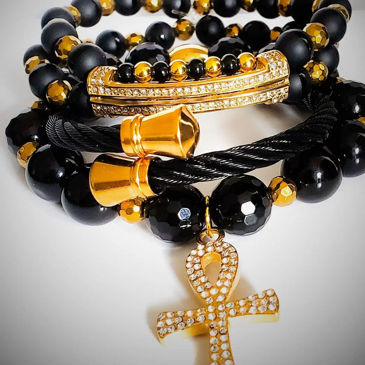 Black and Gold Ankh bracelet set