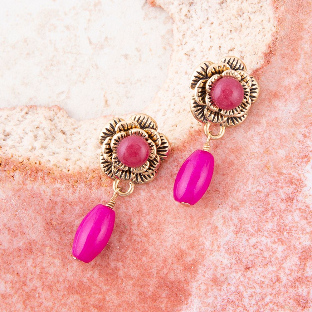Blooming Pink Agate Post Golden Earrings