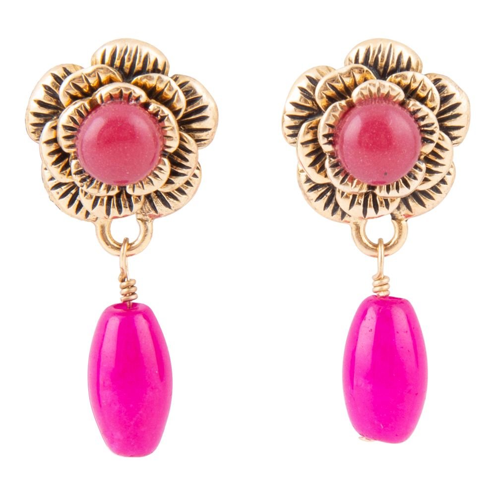 Blooming Pink Agate Post Golden Earrings