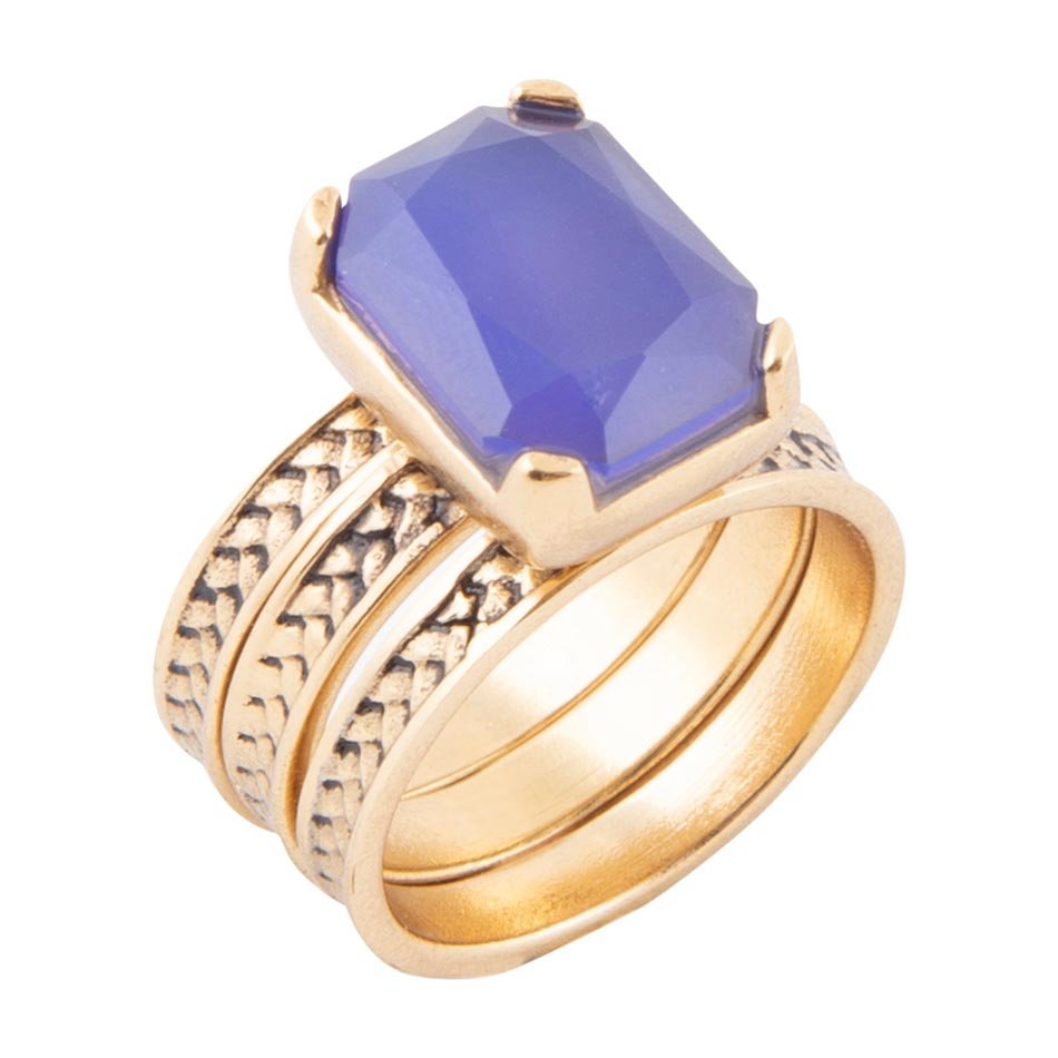Blue Agate Stackable Golden Three Set Ring