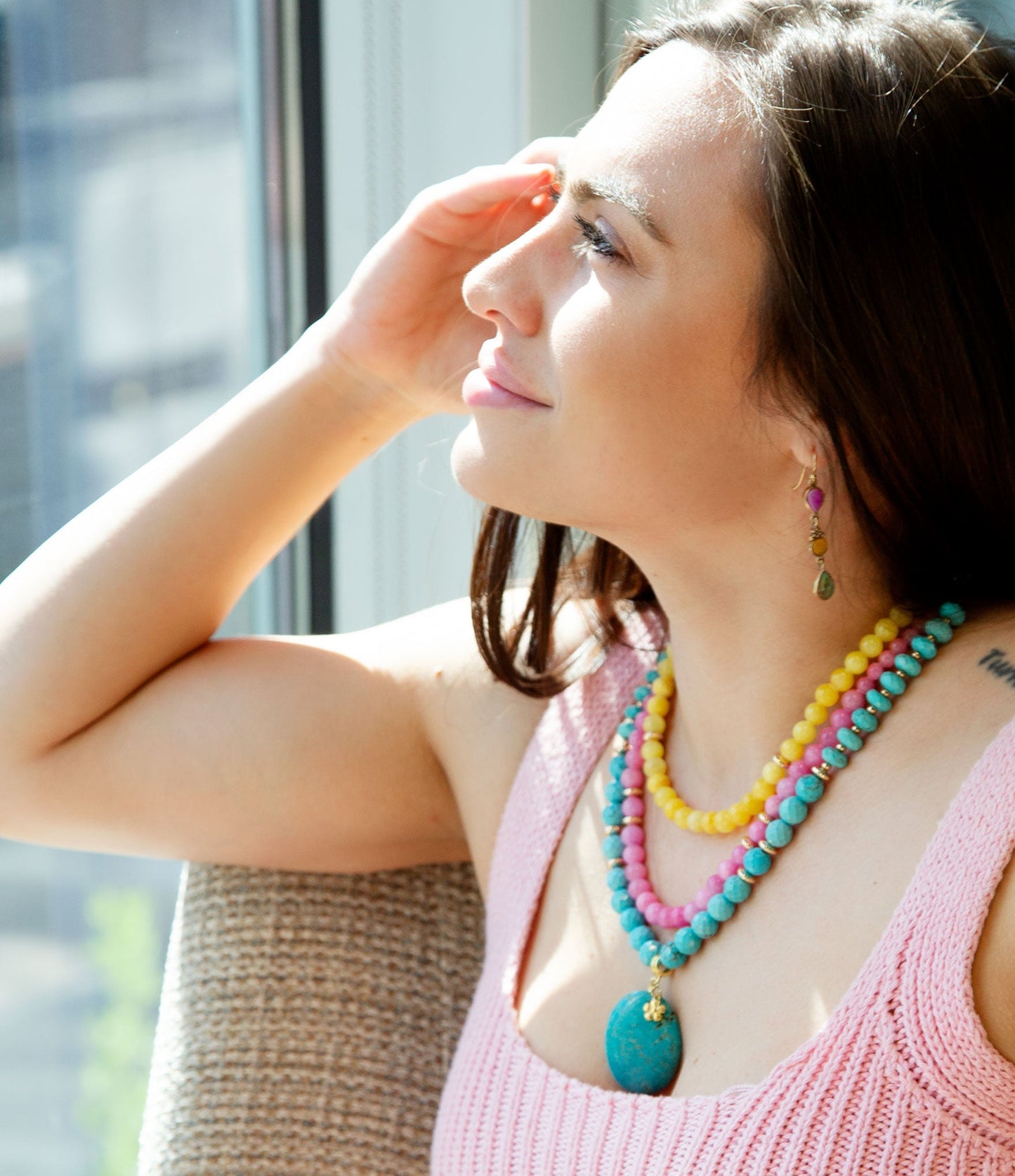 St. Augustine Pink Agate and Blue Turquoise Golden Pendant Necklace