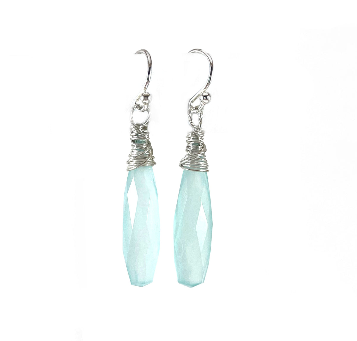 Aqua Chalcedony Briolette Wire Wrapped Earrings
