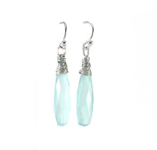 Aqua Chalcedony Long Briolette Wire Wrapped Earrings