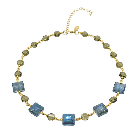 Blue Square Crystal and Smoke Topaz Link Necklace