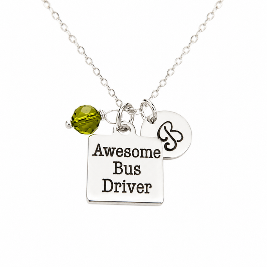 Personalized Bus Driver Necklace – Sterling Silver Chain with Birthstone & Initial