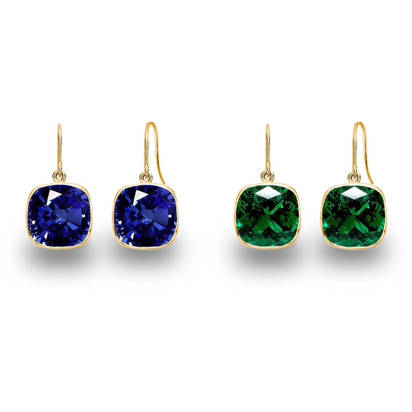 2 Pair Pack: 9.00 CTW Cushion Cut Created Blue Sapphire & Emerald Drop Earrings – Available in .925 Sterling Silver or 14kt Yellow Gold Over .925 – 8mm Square Gems