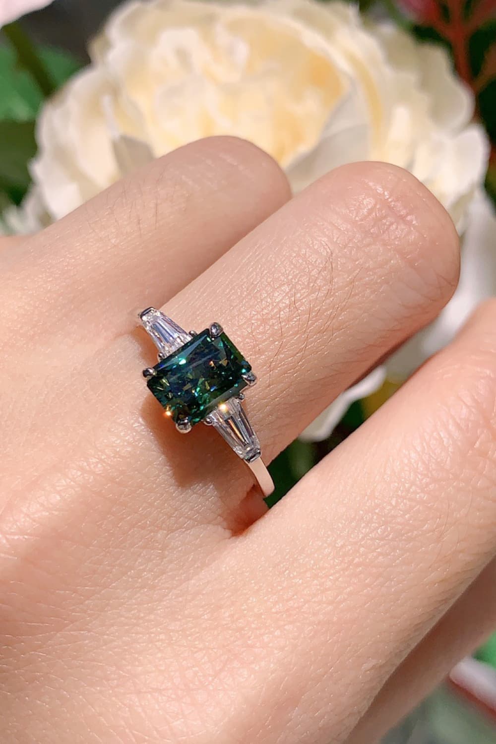 2 Carat Green Radiant-Cut Sparkala™ Platinum Over Pure Sterling Silver Ring