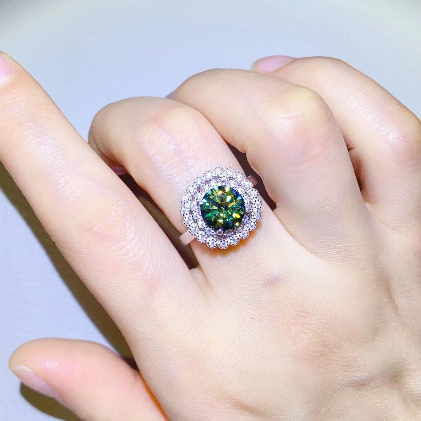 2 Carat Green Round Green Brilliant Round Cut Sparkala™ Pure Sterling Silver Halo Ring