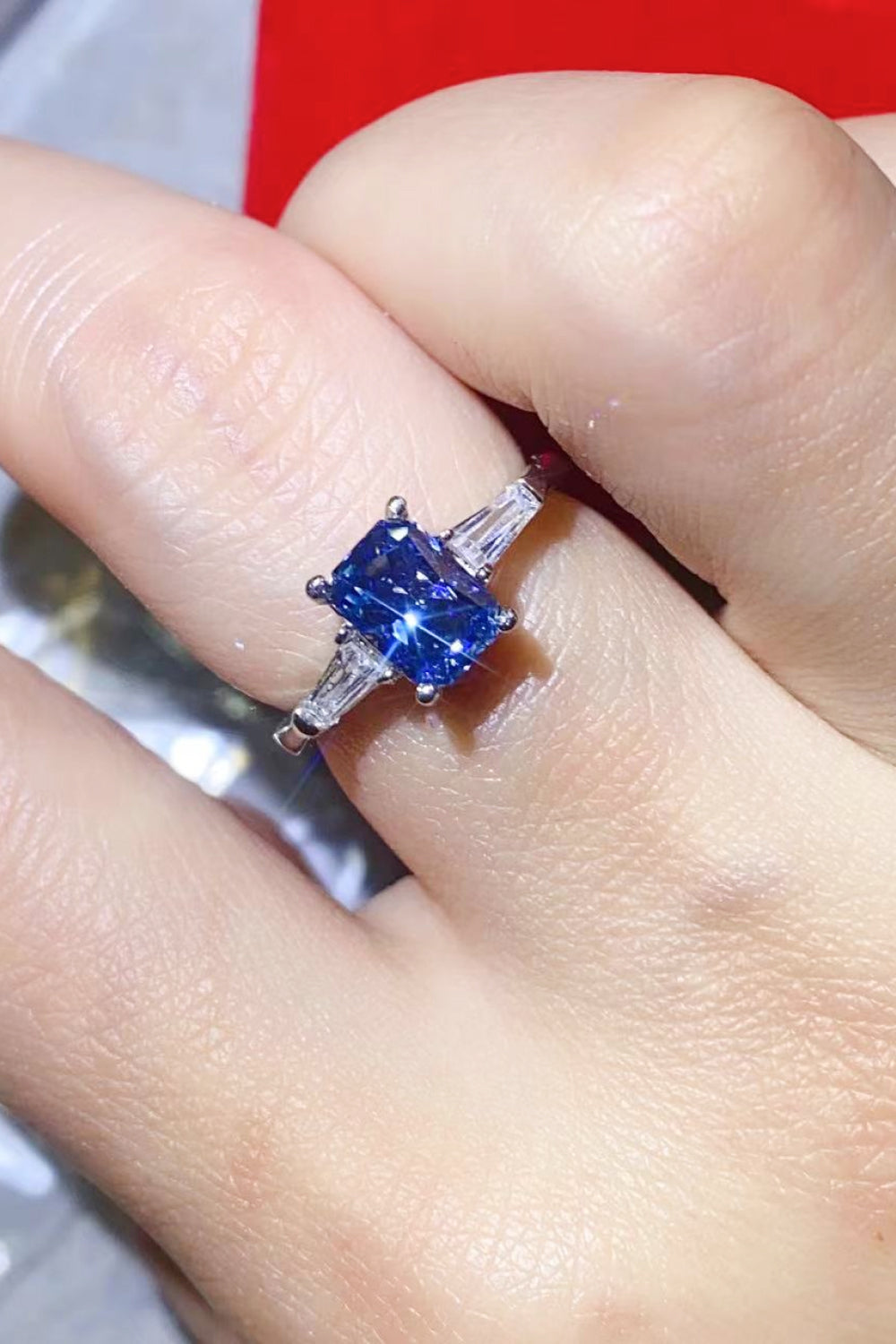 1 Carat Blue Radiant-Cut Sparkala™ Platinum-Plated Rectangle Ring in Blue