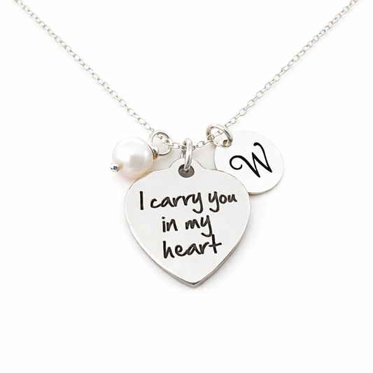 I Carry You in My Heart Necklace – Sterling Silver with Birthstone & Initial Charm