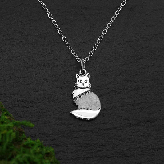 Sterling Silver Fluffy Cat Charm Necklace – Realistic Cat Lover Gift