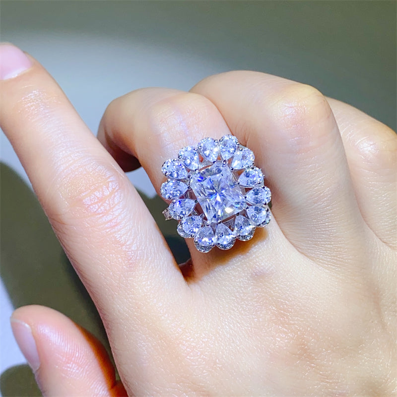 3 Carat Radiant Cut and Pear Cut Radiant-Cut Sparkala™ Pure Sterling Silver Ring