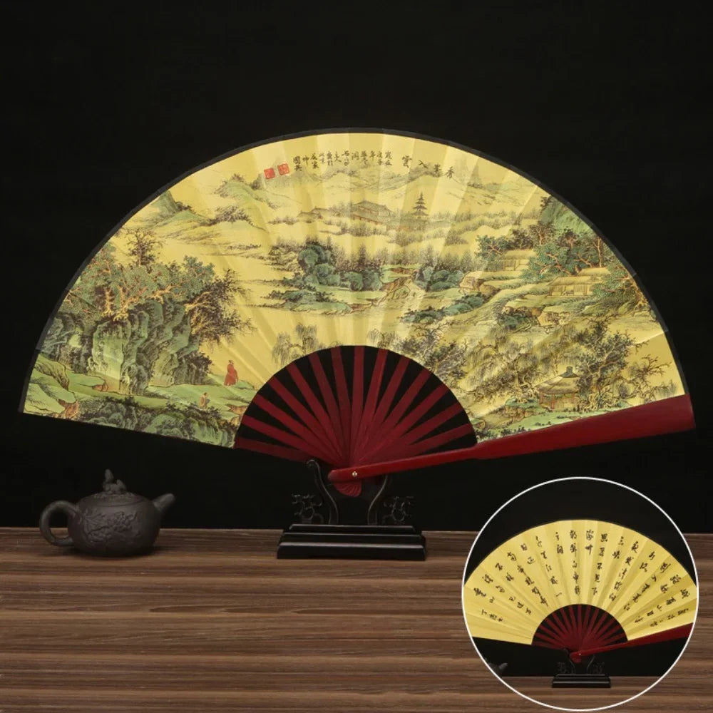 33.33CM Chinese Vintage Style Folding Fan Wooden Handle Classical Party Dance Hand Fan Men's And Women's Summer Cool Hand Fan
