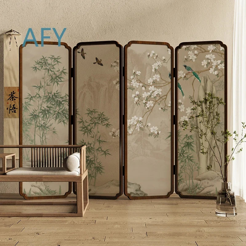 Zen Wood Folding Screen Partition | Floral & Bird Room Divider