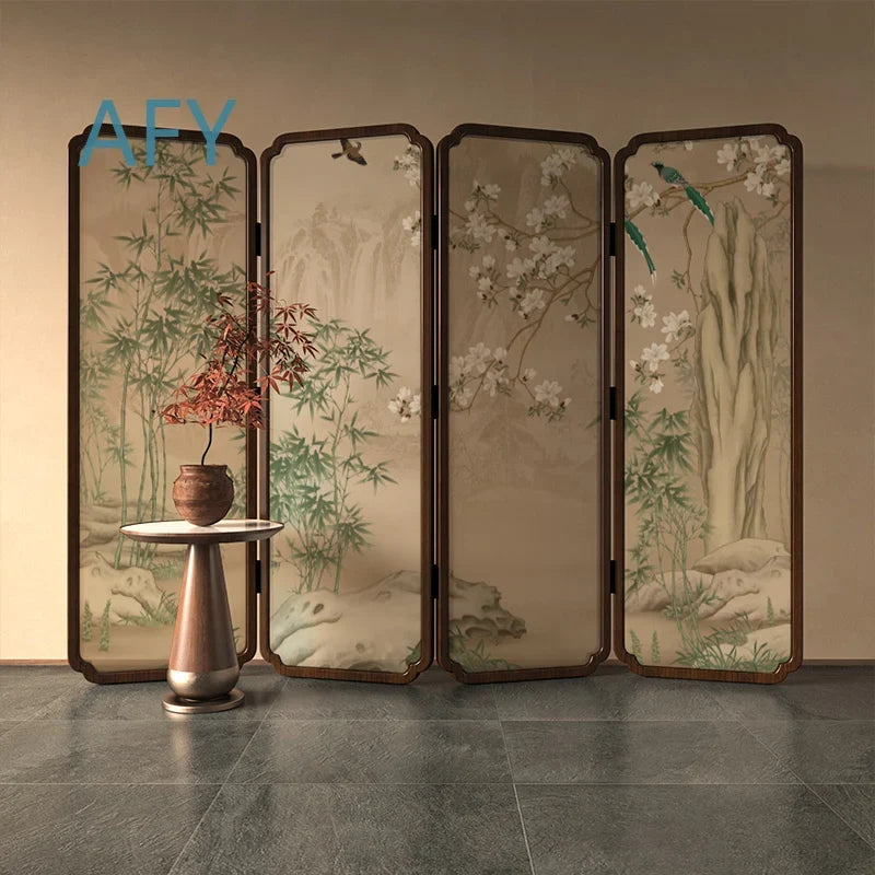 Zen Wood Folding Screen Partition | Floral & Bird Room Divider