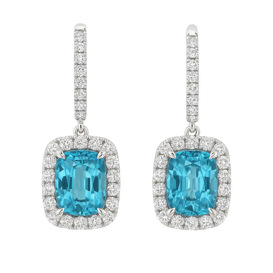 Handmade 18K White Gold Blue Zircon Earrings, 7.87ct