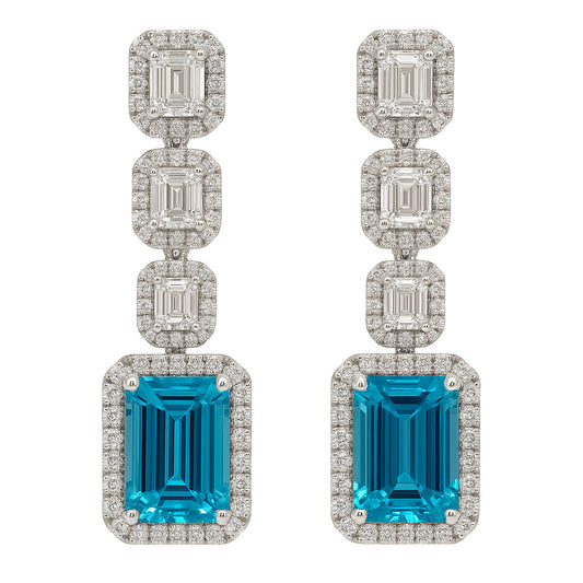 Handmade 18K White Gold Blue Zircon Earrings, 9.1ct