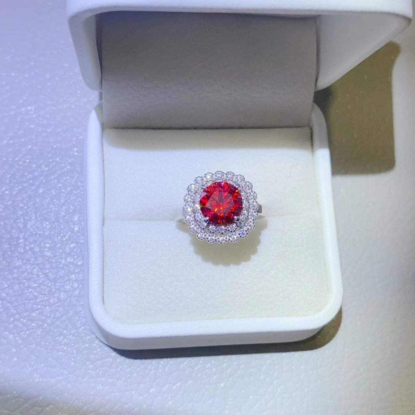 2 Carat Red Red Brilliant Round Cut Sparkala™ Pure Sterling Silver Halo Ring
