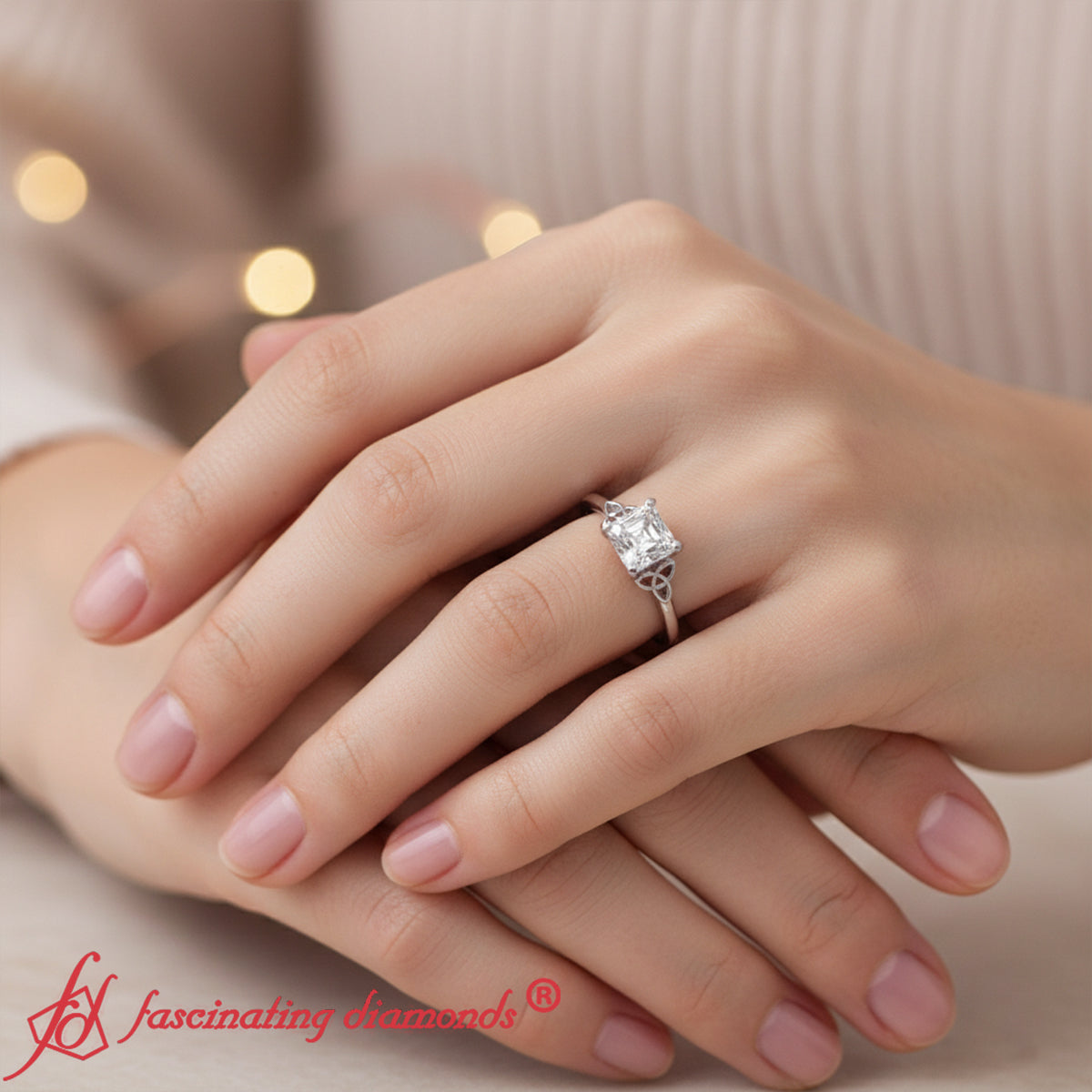 Celtic Knot Asscher Cut Solitaire Diamond Engagement Ring