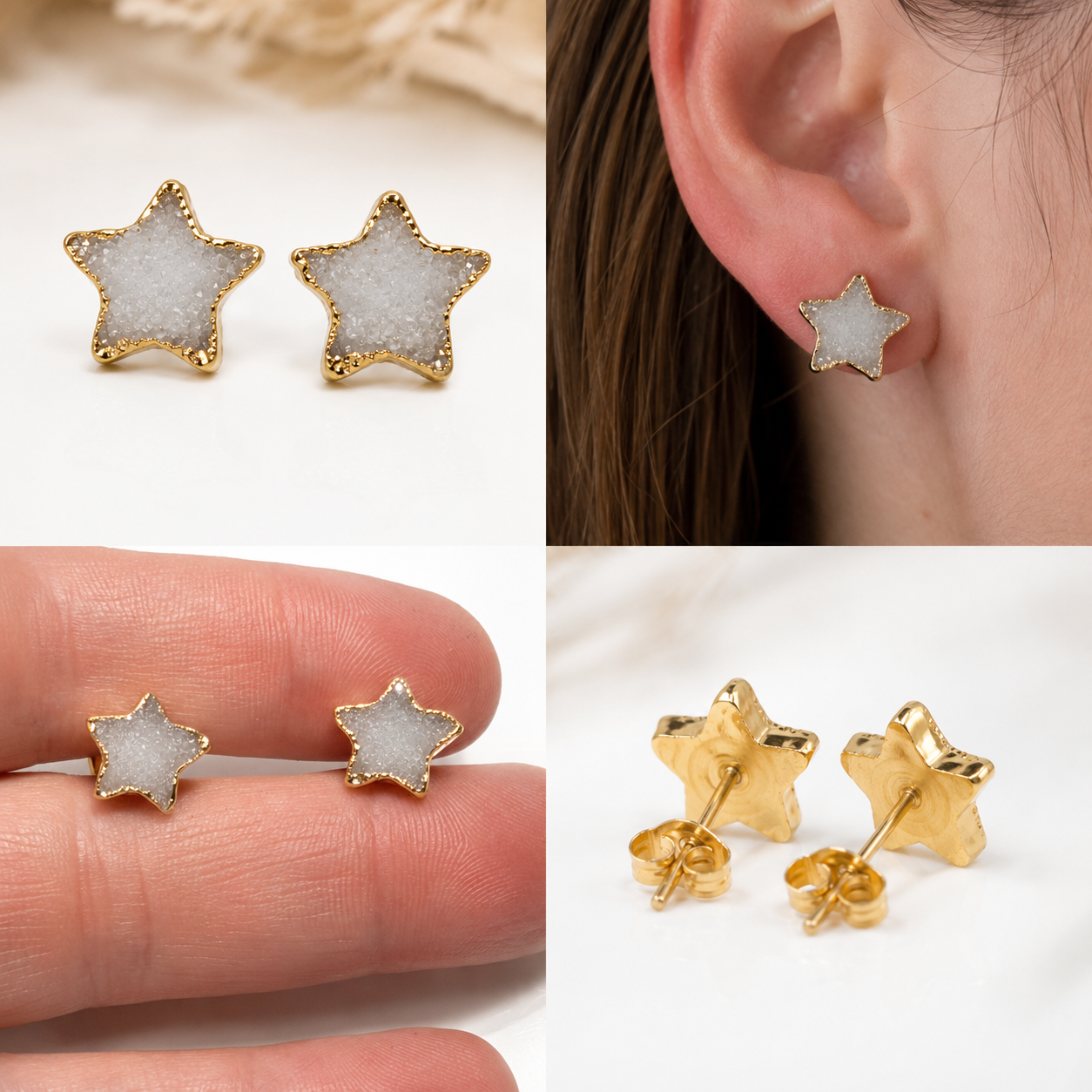 OOAK White Druzy Star Stud Earrings