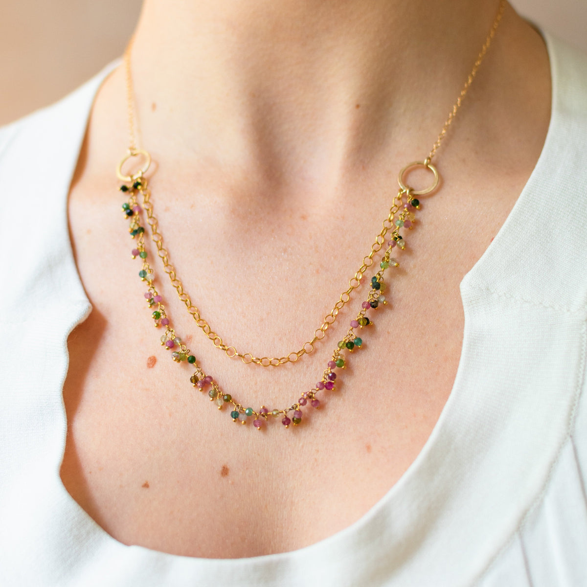 One of a Kind Tourmaline Cluster Necklace – Dual Layer Gold Filled Statement Necklace – Handmade in Raleigh