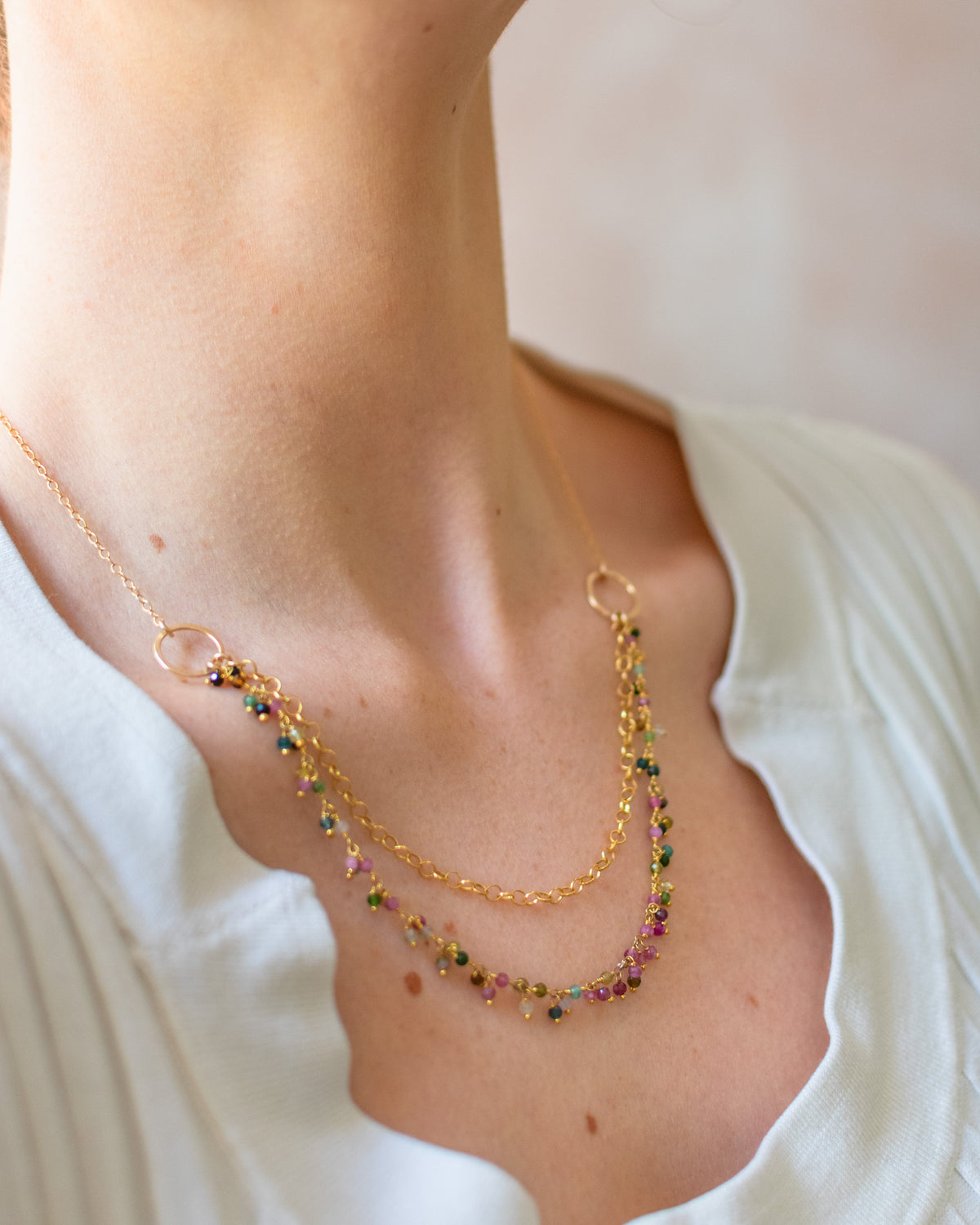 One of a Kind Tourmaline Cluster Necklace – Dual Layer Gold Filled Statement Necklace – Handmade in Raleigh