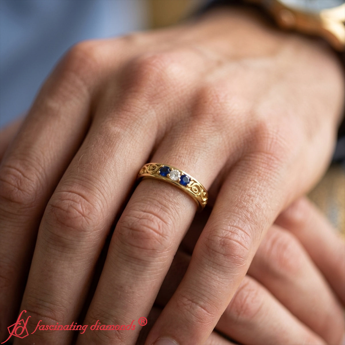 Classic Mens 3 Stone Wedding Band