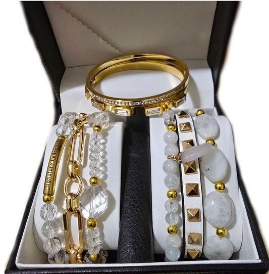 Clear Quartz and Moonstone Stacked Bracelet set
