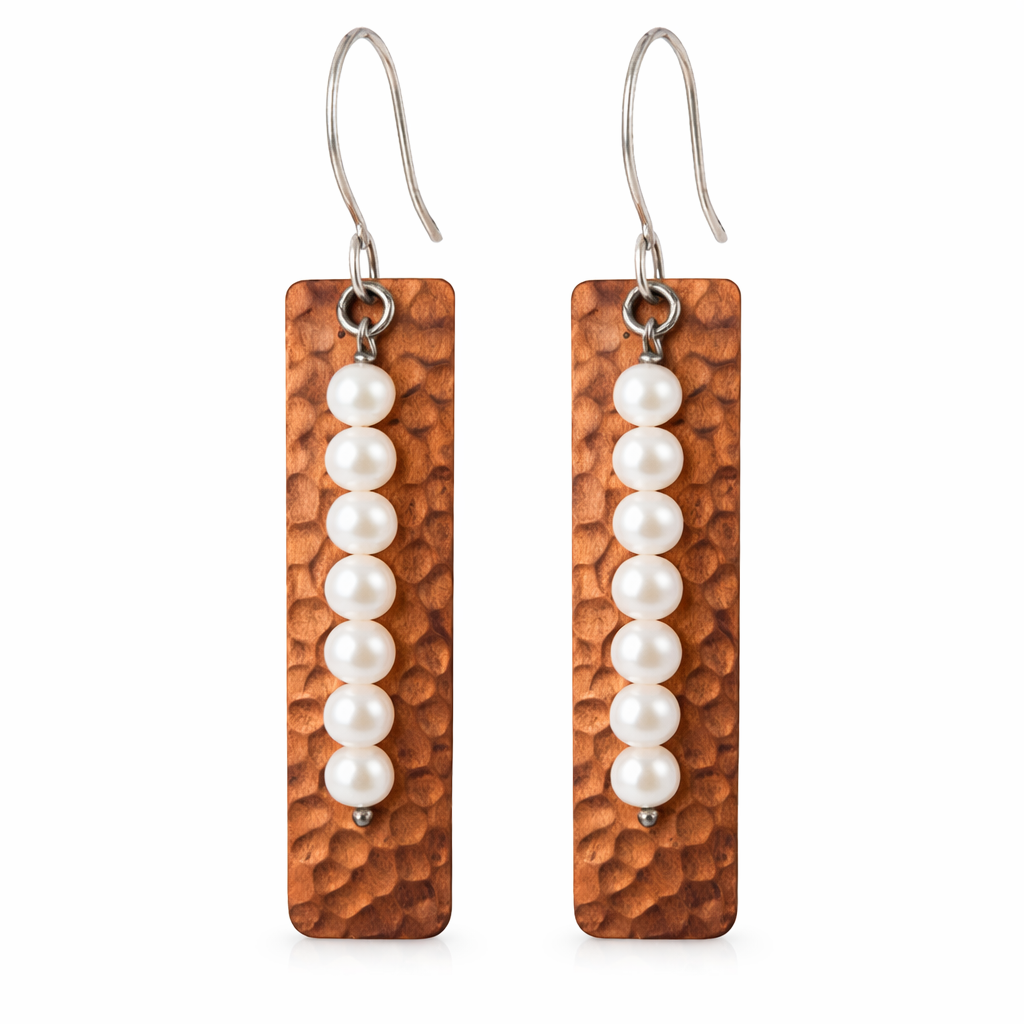 Hammered Copper & Freshwater Pearl Bar Earrings – Mixed Metal Rustic Dangles – Sterling Silver Earwires – Handmade in Raleigh