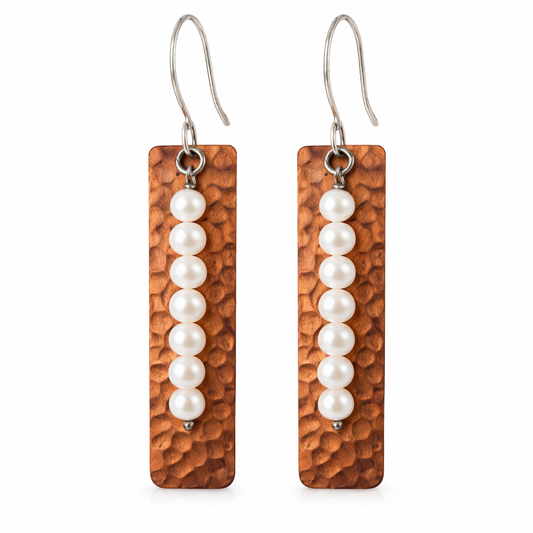 Hammered Copper & Freshwater Pearl Bar Earrings – Mixed Metal Rustic Dangles – Sterling Silver Earwires – Handmade in Raleigh