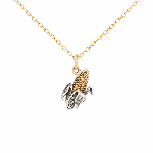 Mixed Metal Corn Necklace – Sterling Silver & Bronze Corn Cob Charm – Midwest Inspired Dainty Necklace