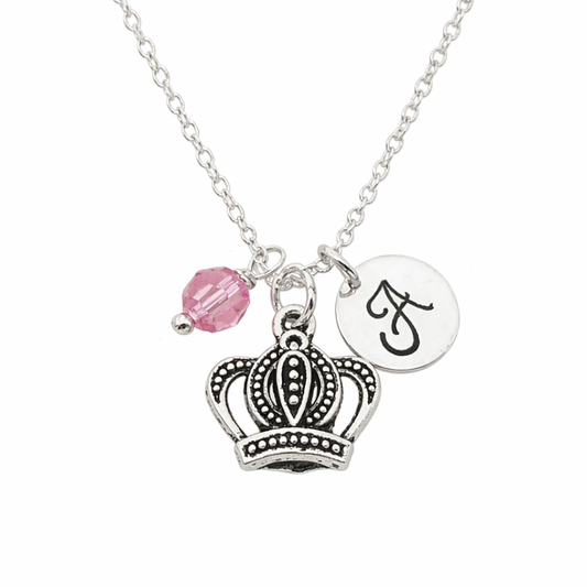 Crown Necklace – Sterling Silver with Birthstone & Initial Charm