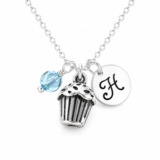 Cupcake Necklace – Sterling Silver with Birthstone & Initial Charm