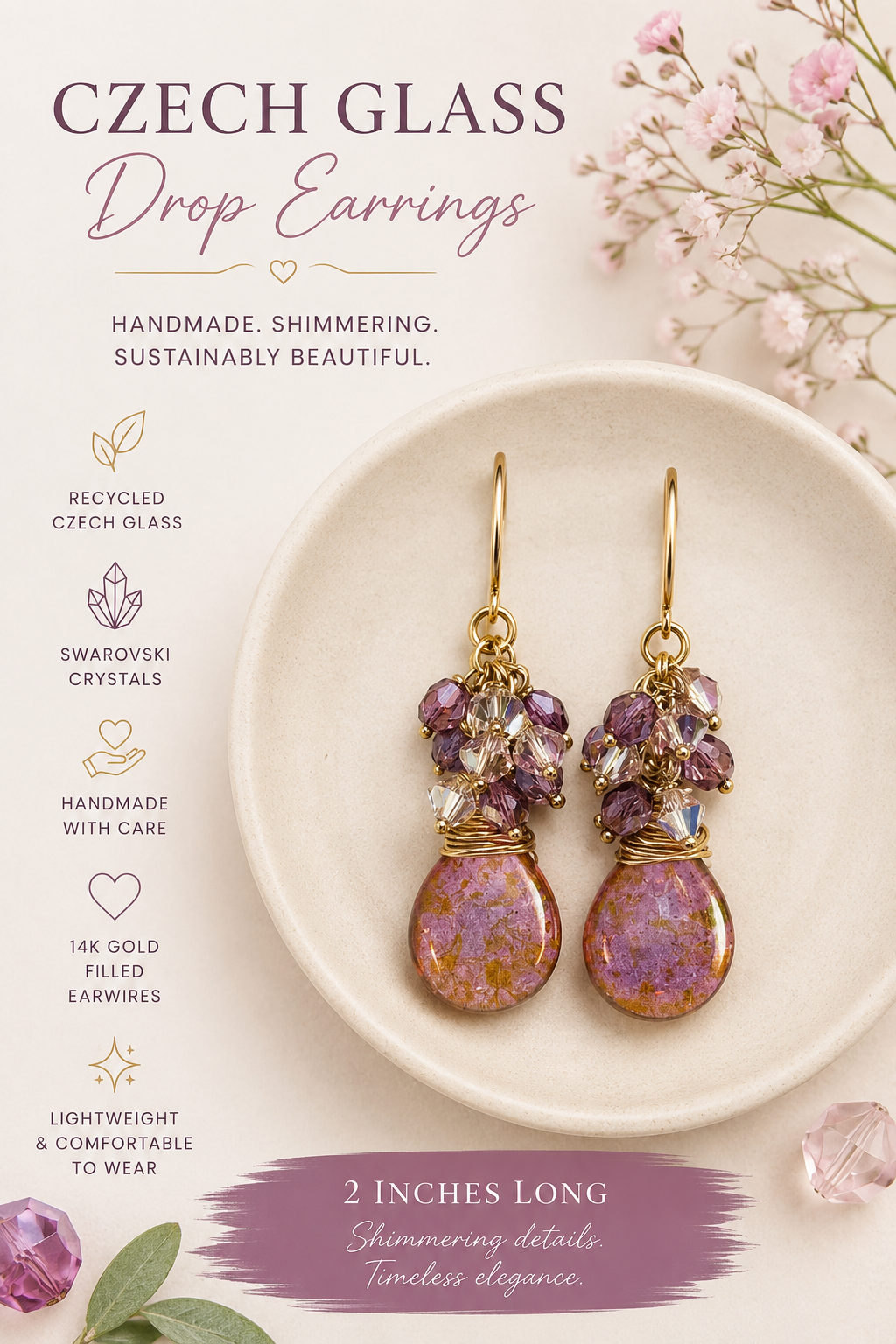 Pink Czech Glass & Swarovski Crystal Cluster Earrings – 14K Gold Filled