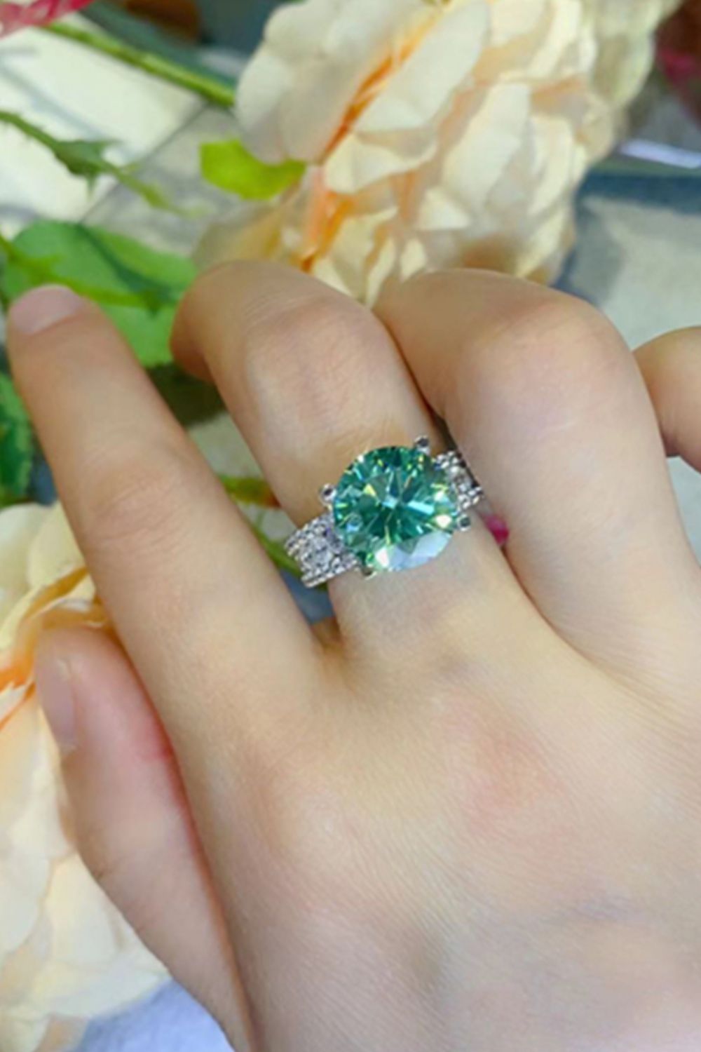 5 Carat Green Brilliant Round Cut Sparkala™ 4-Prong Wide Band Ring