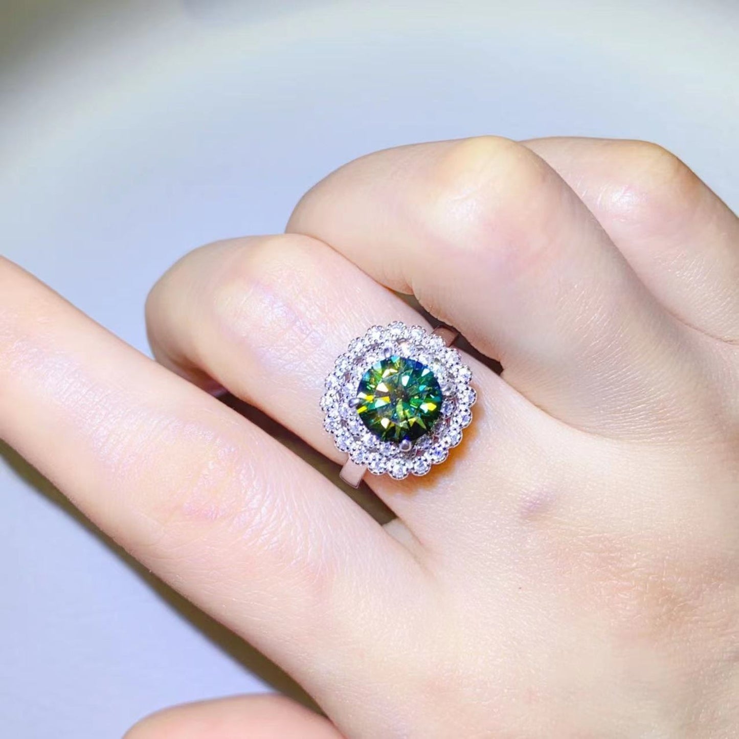 2 Carat Green Round Green Brilliant Round Cut Sparkala™ Pure Sterling Silver Halo Ring