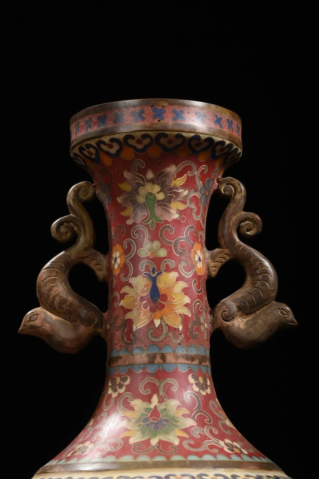 Tibetan Temple Purple-Bronze Cloisonné Vases – Dragon-Ear Flower Pair (14")
