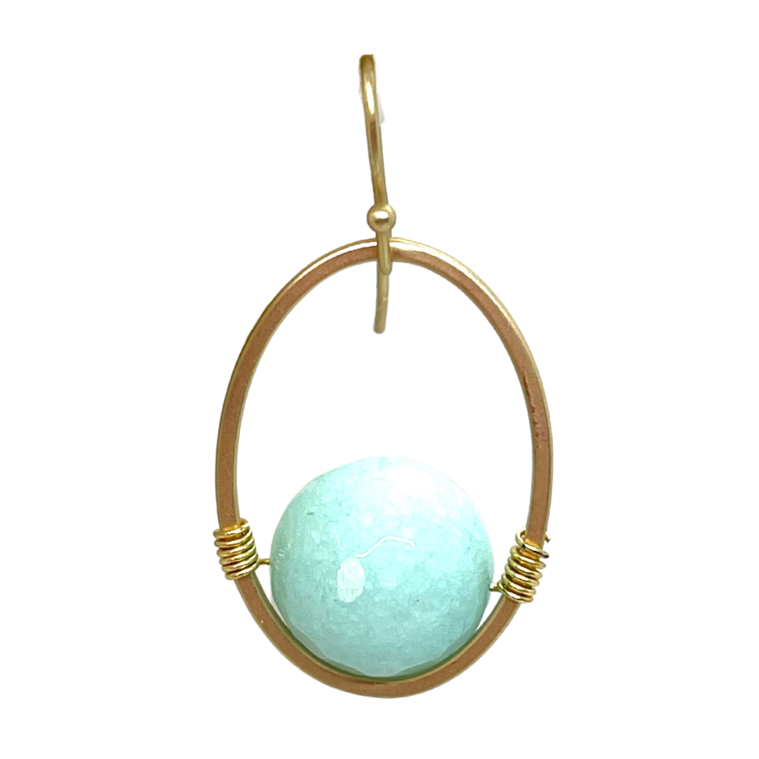 Aqua Jade And Matte Gold Wire Wrap Oval Earrings