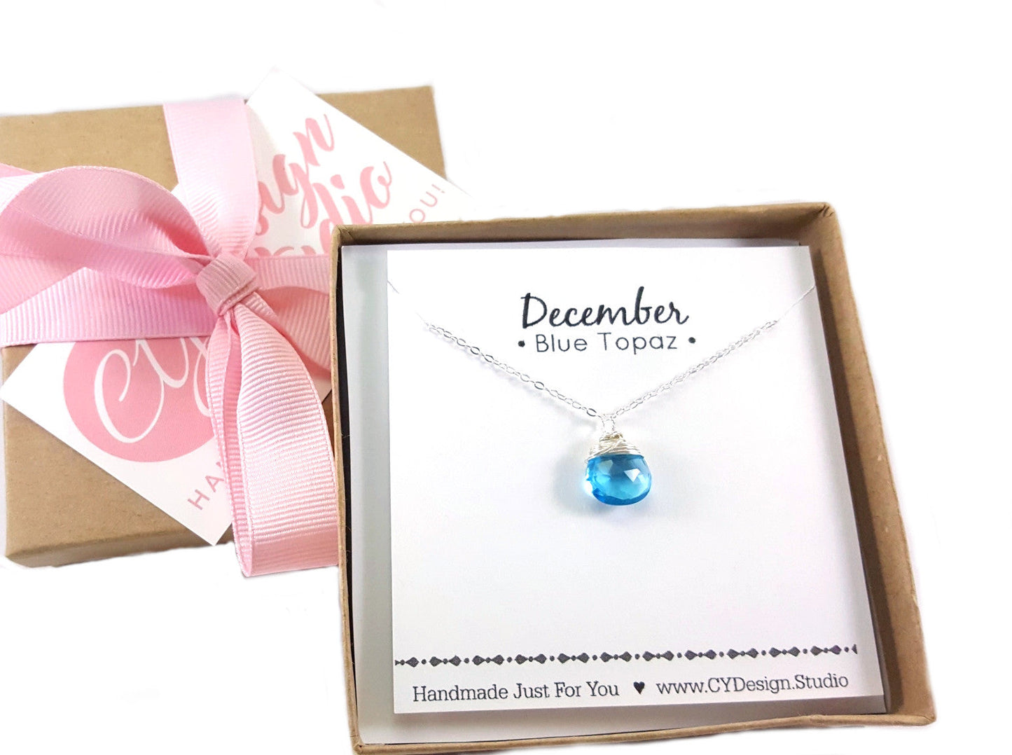 Blue Topaz Quartz Necklace December Birthstone Sterling Silver Wire Wrapped Briolette Pendant Gift for Her