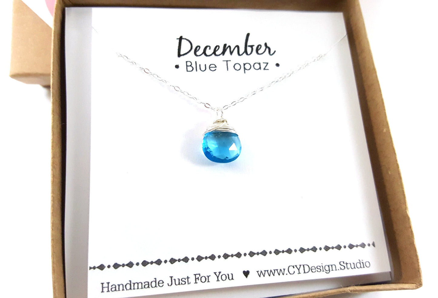 Blue Topaz Quartz Necklace December Birthstone Sterling Silver Wire Wrapped Briolette Pendant Gift for Her