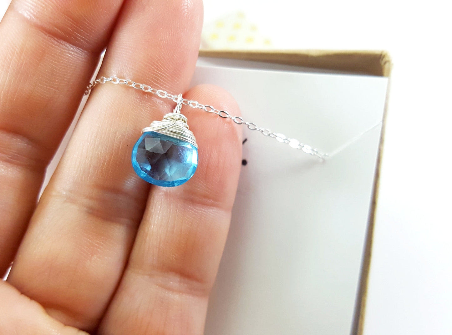 Blue Topaz Quartz Necklace December Birthstone Sterling Silver Wire Wrapped Briolette Pendant Gift for Her