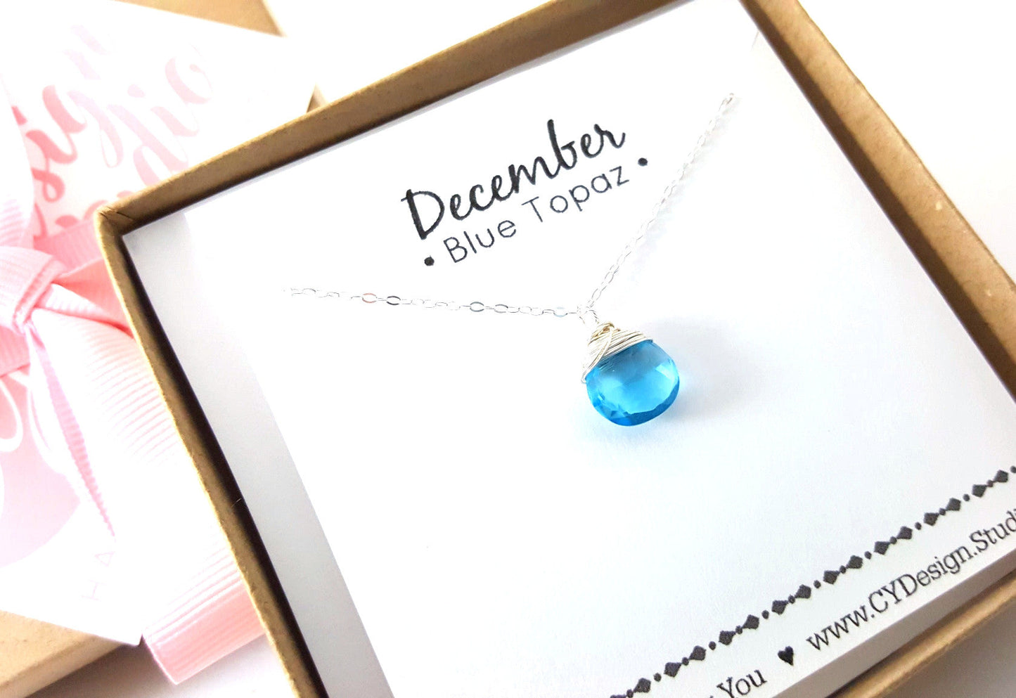 Blue Topaz Quartz Necklace December Birthstone Sterling Silver Wire Wrapped Briolette Pendant Gift for Her