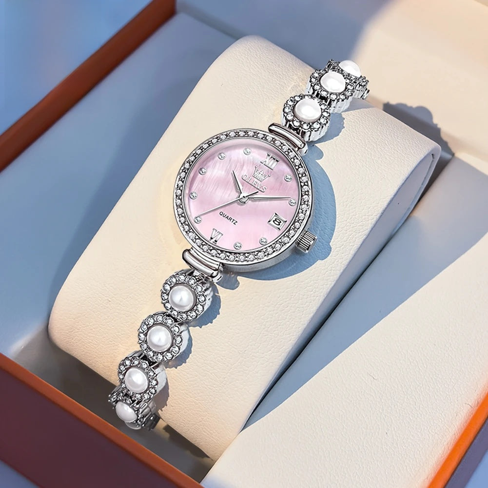 Women's Gold Pearl Bracelet Watch Quartz Date Elegant