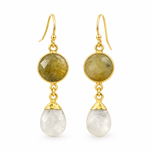 Golden Sapphire & Moonstone Bezel Drop Earrings