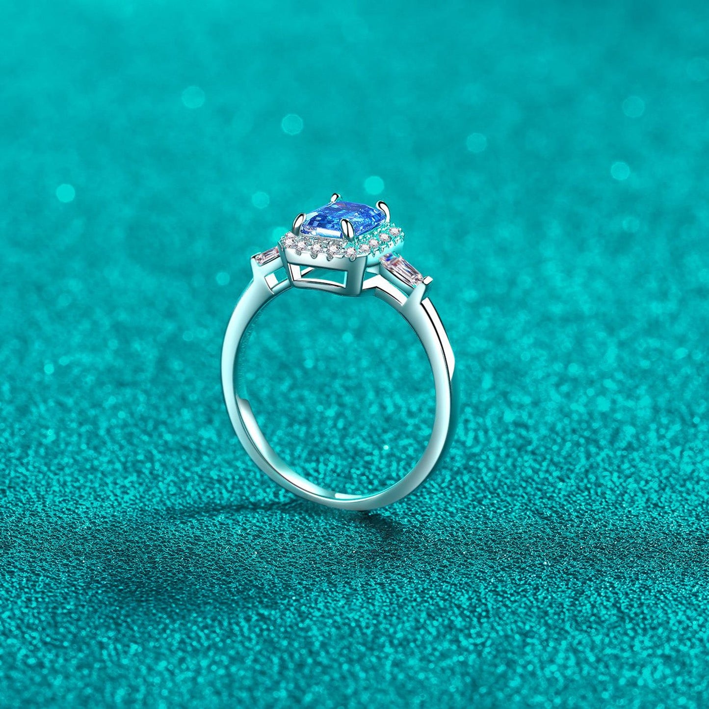1 Carat Blue Emerald-Cut Sparkala™ Pure Sterling Silver Ring