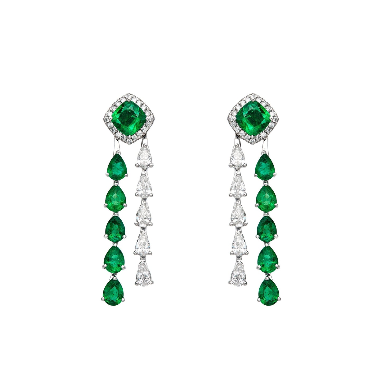 Diamond & Emerald Cushion Raining Drop Earrings