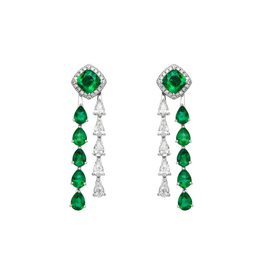 Diamond & Emerald Cushion Raining Drop Earrings