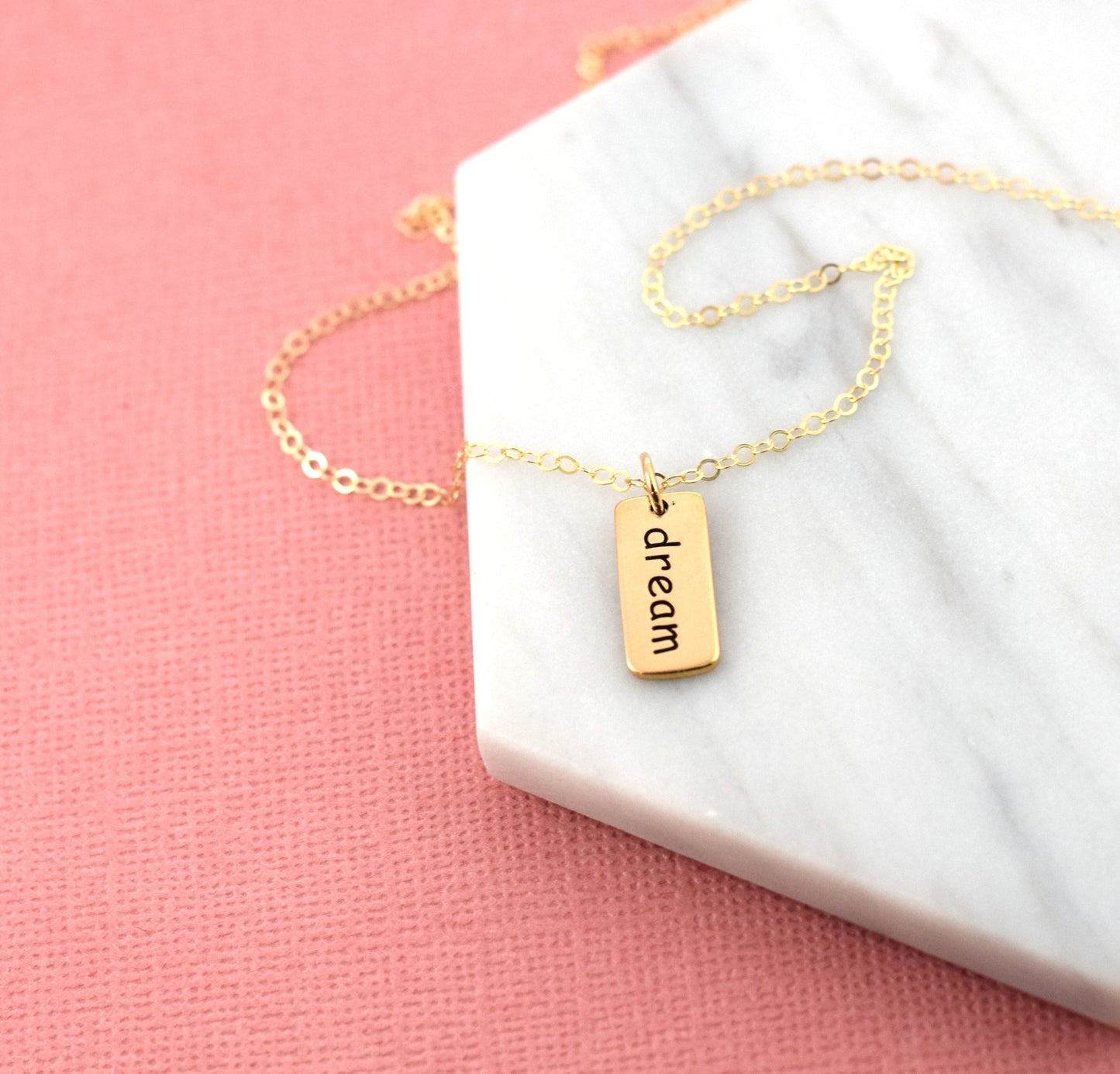 Dream Necklace – Gold Filled Dream Charm on 16” Chain, Inspirational Dainty Jewelry Gift